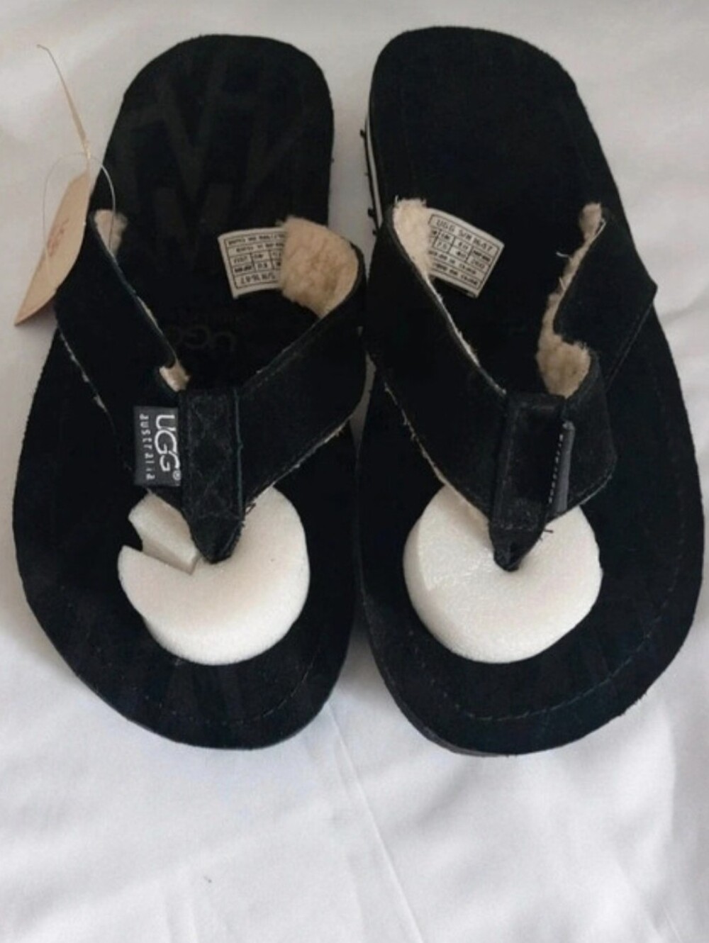 UGG Ladies Black Suede Shearling Thong Sandals